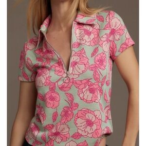 Maeve Top Short-Sleeve Floral Jacquard Women Size XS Collared Half Zip Pullover